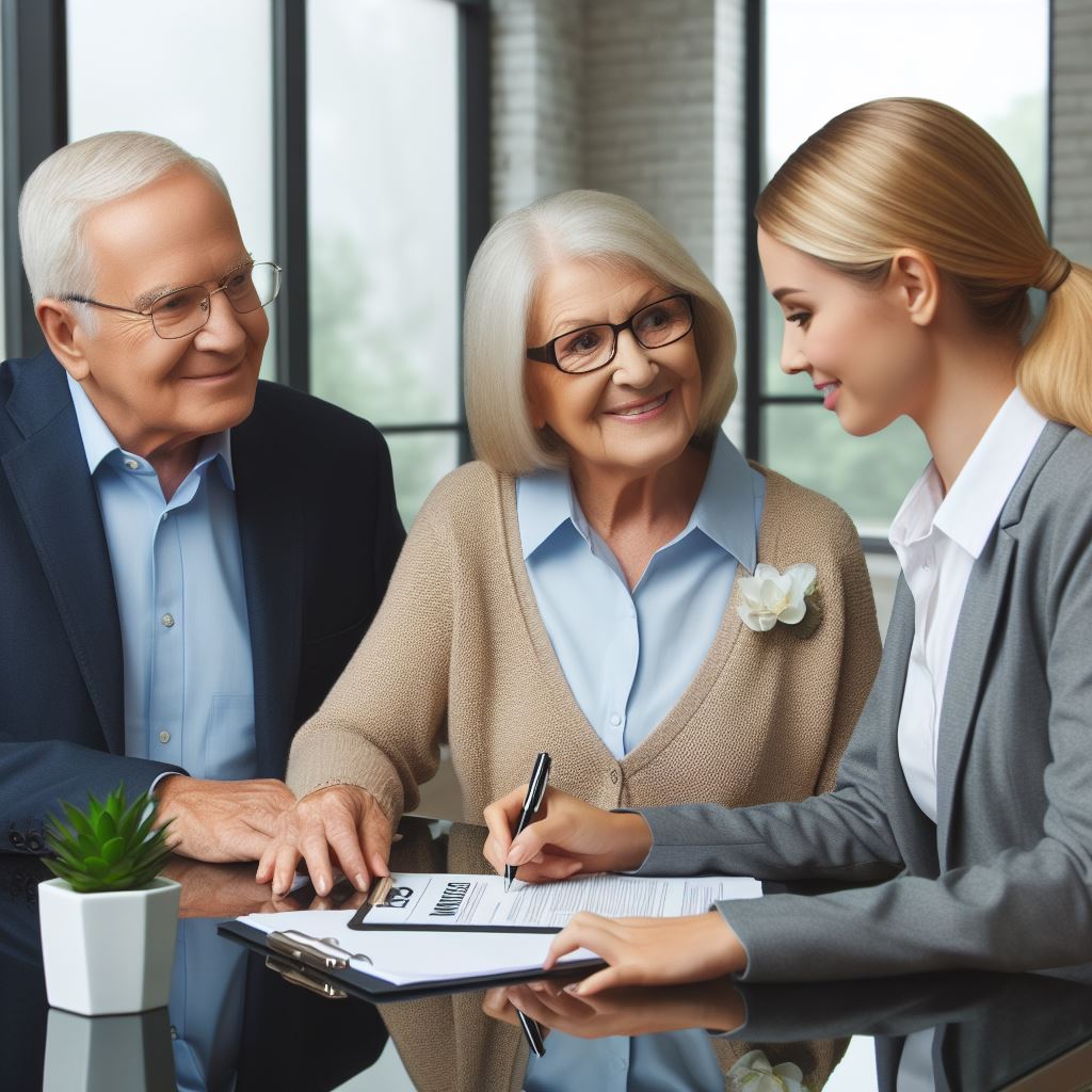 woman helping elderly couple