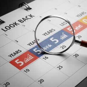 A magnifying glass examining a five-year calendar, representing the look-back period.