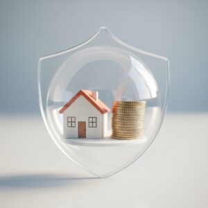 A symbolic house and coins protected within a clear bubble.