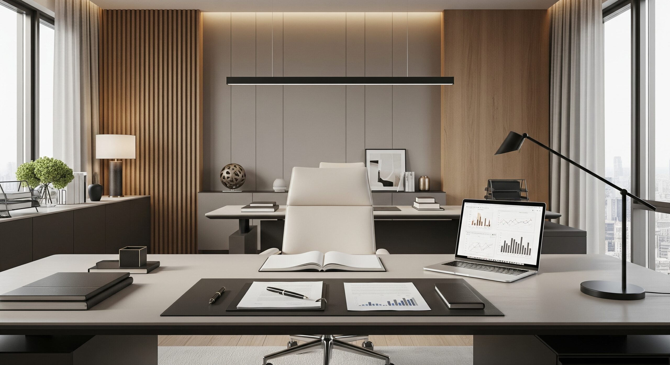 A sleek office desk with estate planning documents and financial charts on a laptop.