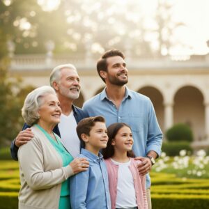 A happy multi-generational family standing together, representing lasting wealth.