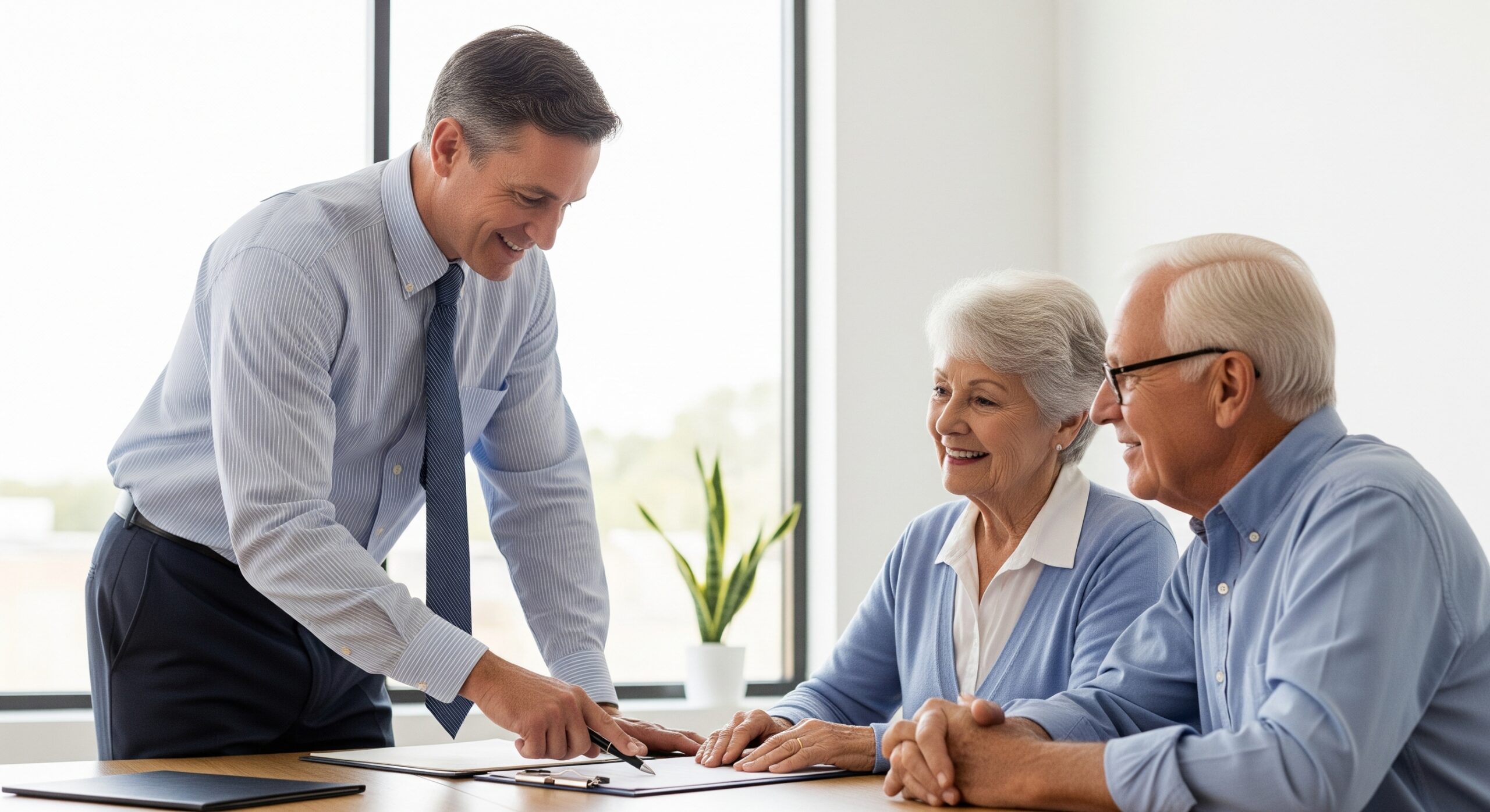 An attorney explaining legal documents to an elderly couple in an office.