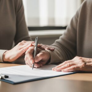 An elderly hand confidently signing a document with a supportive hand nearby.