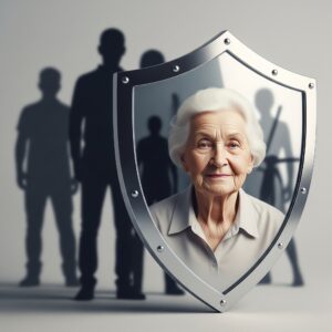 A symbolic shield protecting an elderly person from shadowy figures.