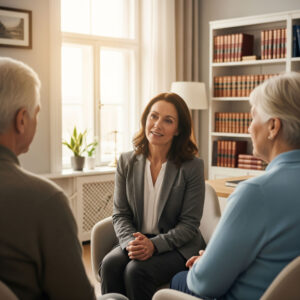 A compassionate elder law attorney advises an elderly couple in an office.