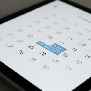 A calendar showing a five-year look-back period for financial transactions related to Medicaid.