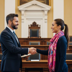 A professional handshake between a lawyer and client, signifying a trusted partnership.