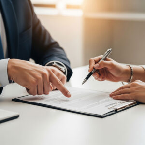A lawyer consulting with clients in an office.