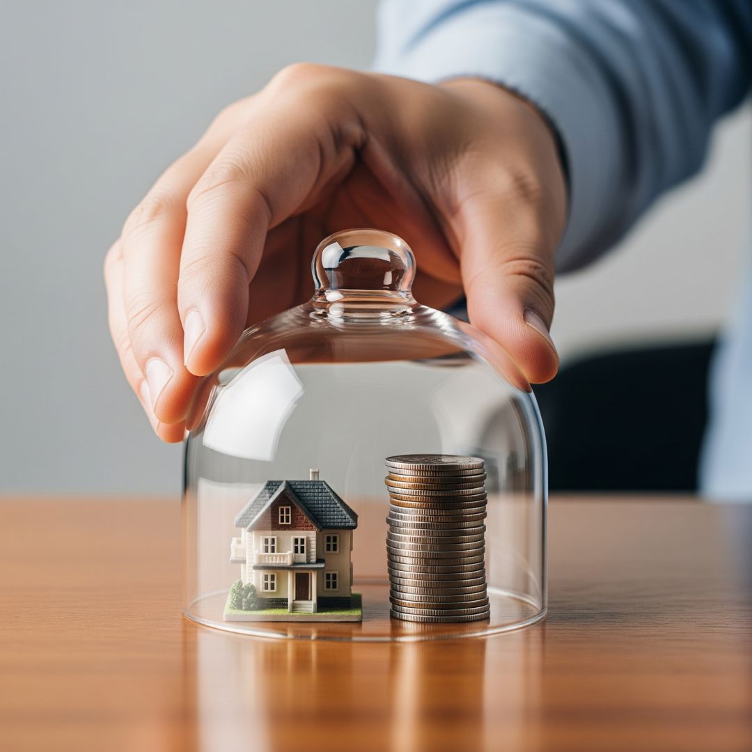 hand putting glass dome over stack of coins and miniature house statue