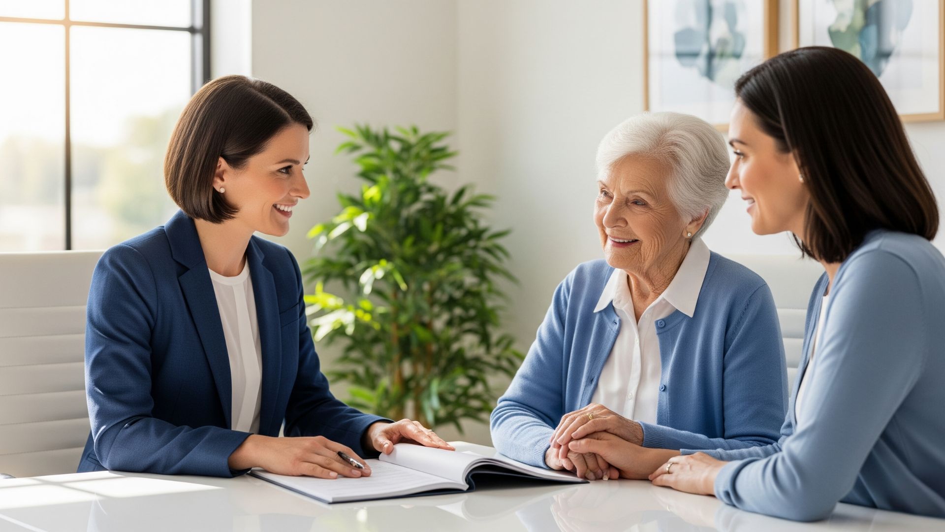 older mother and daughter meeting with attorney