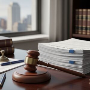 Gavel sitting next to a stack of financial documents.