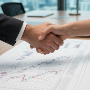 Two hands shaking over a complex, detailed financial chart.
