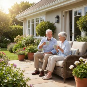 A senior husband and wife relax with coffee on the sunny patio of their well-maintained home.