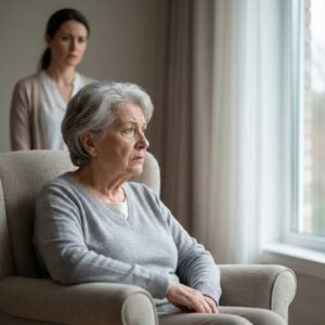 Senior citizen looking out a window with a concerned family member in the background