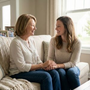 An older woman holds hands with her adult daughter in a bright, comfortable living space.
