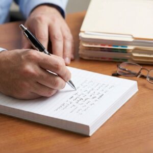 Hands writing detailed notes on a notepad next to medical files