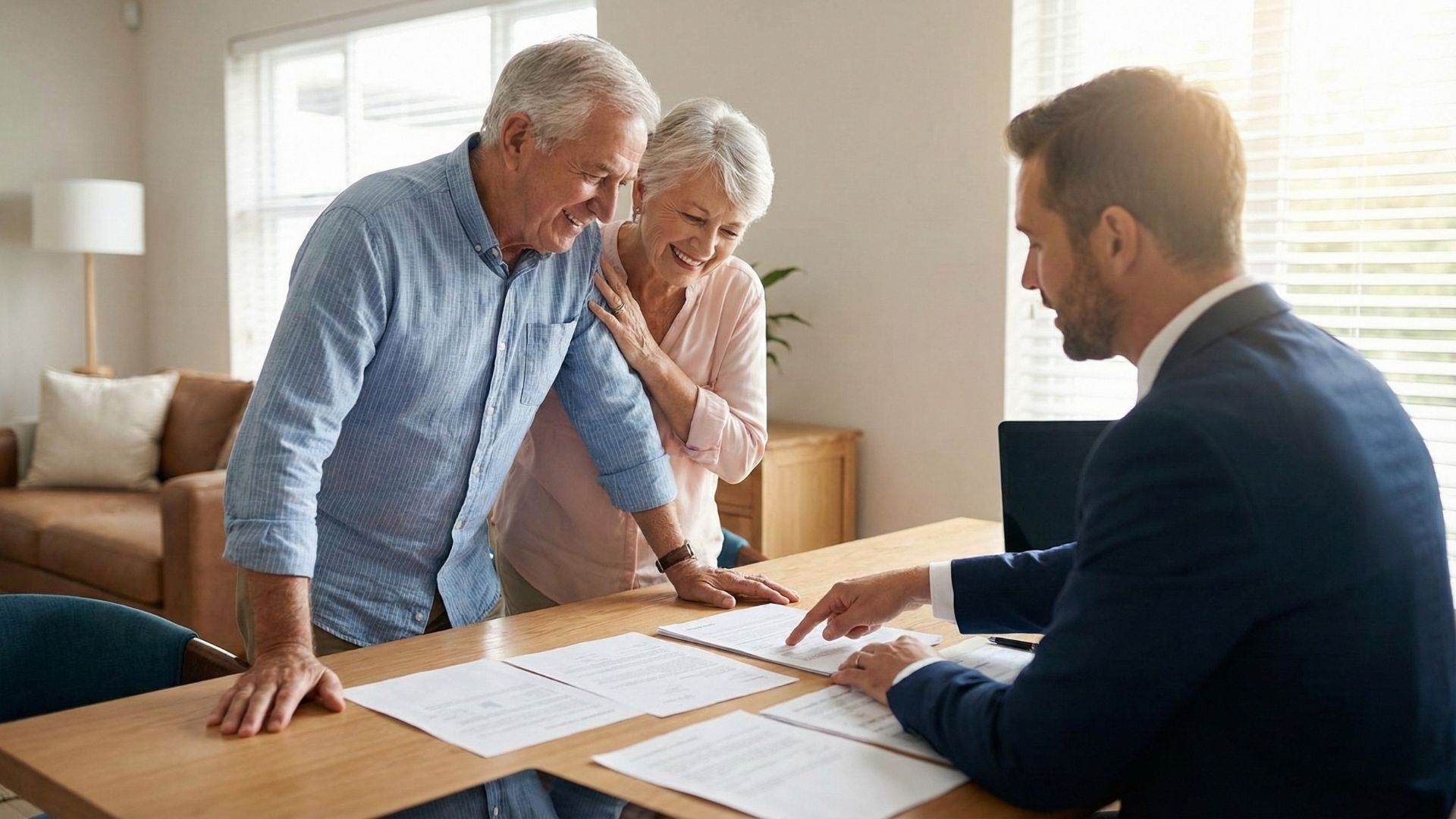An older couple looks relieved while discussing paperwork with a financial professional at a wooden desk