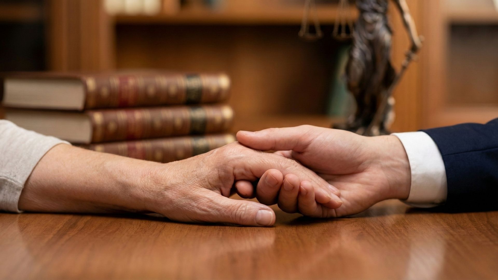 Close-up of an attorney holding an elderly client's hand