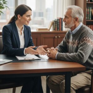 A lawyer speaking to a senior citizen