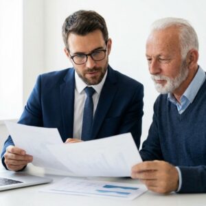 A professional advisor points to details on paperwork while an elderly man reviews the information.