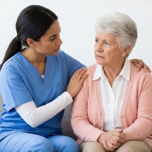 A caring advocate sits close, comforting an older woman who appears concerned and listless.