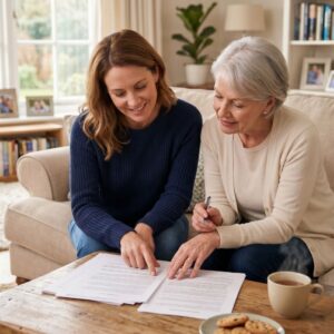 Adult children reviewing Medicaid plans with their elderly parents in a home setting.