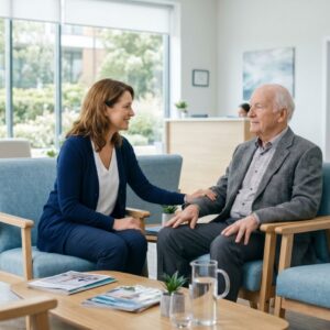 An adult daughter supporting her elderly father during a medical consultation.