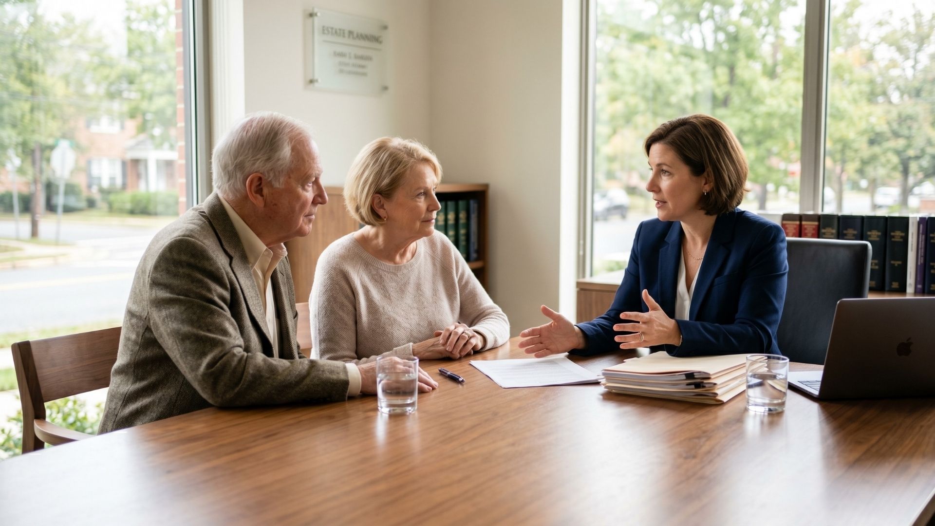 An elderly couple consulting with a professional elder law attorney in a bright, modern office.