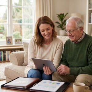 An adult child and elderly parent reviewing estate plans in their Maryland home.
