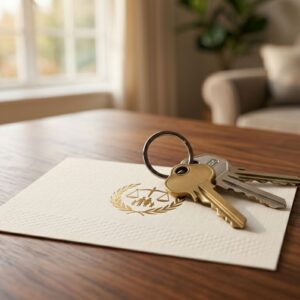 a set of house keys and a professional business card from a law firm