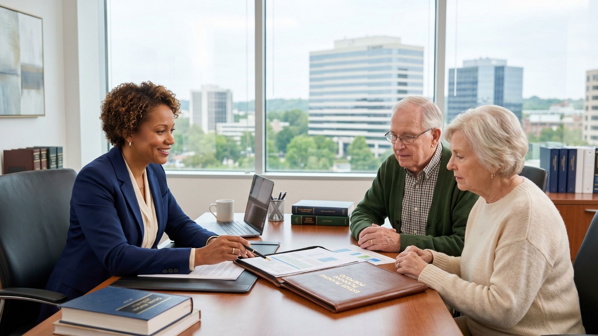 A professional Maryland estate planning attorney consulting with an elderly couple in a Bethesda office.