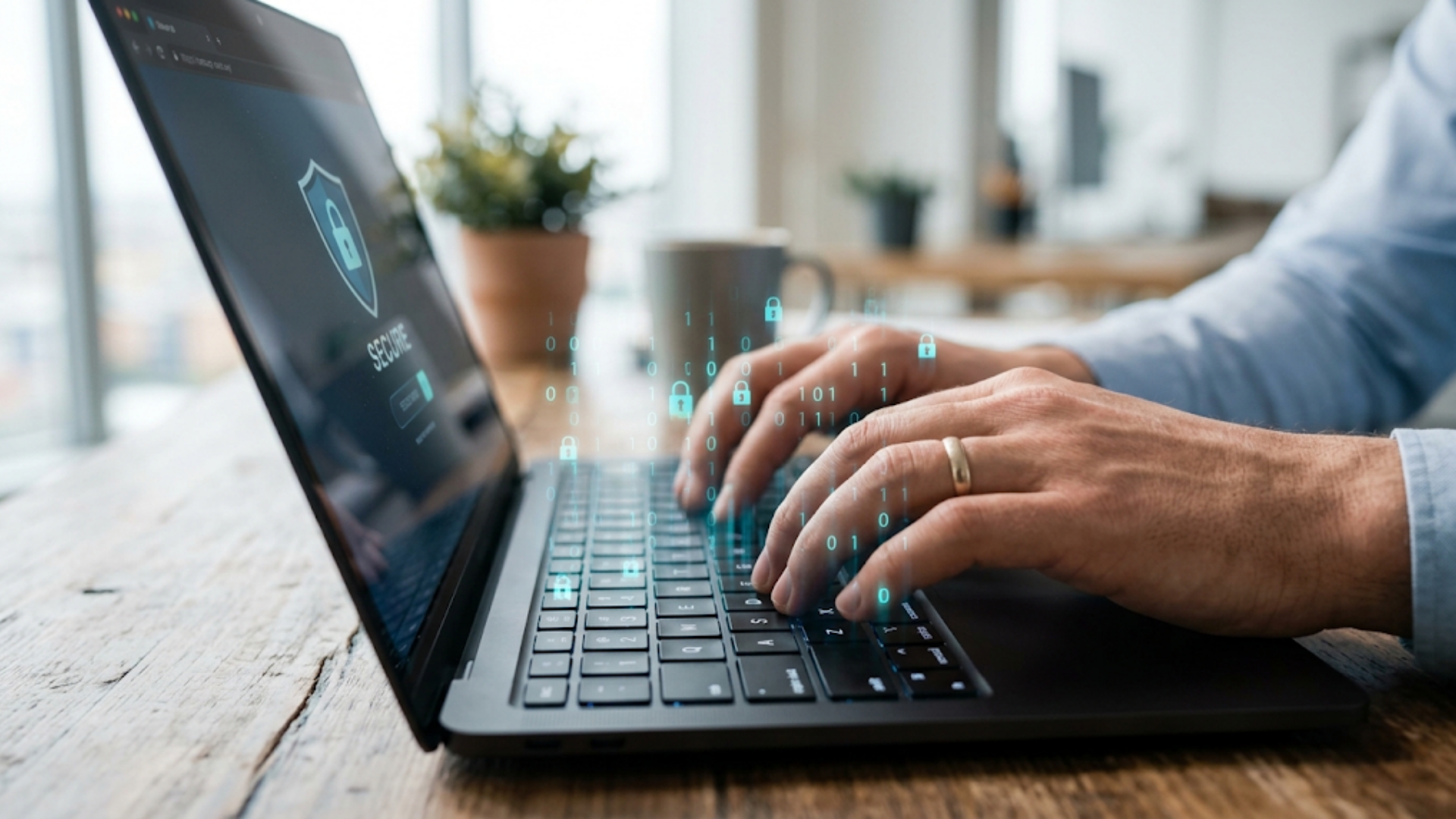 Hands typing on a laptop symbolizing digital asset security in estate planning.