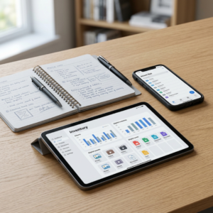 Notebook, smartphone, and tablet representing a digital asset inventory.