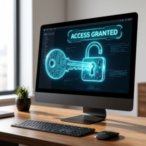 Digital key unlocking a padlock on a screen representing executor access.