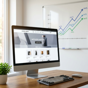 Digital storefront on a monitor symbolizing online business assets.