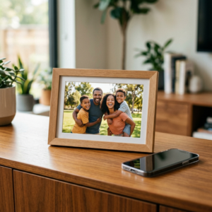 Digital photo frame and smartphone representing sentimental digital legacy.